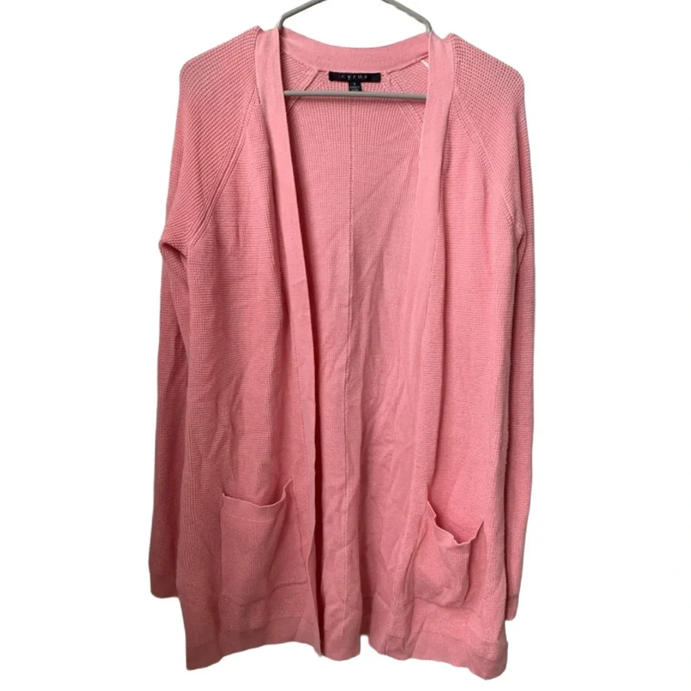 CYRUS Women’s Salmon Pink Rayon Nylon Long Sleeve Open Front Cardigan Sweater